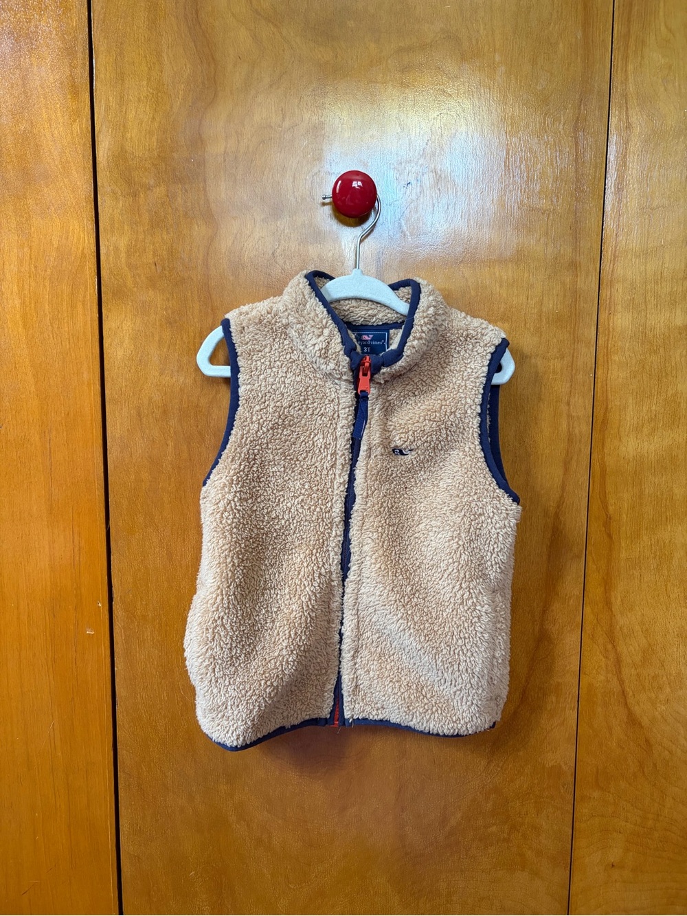 3T Vineyard Vines Plush Tan Fleece Vest Jacket with Navy Trim